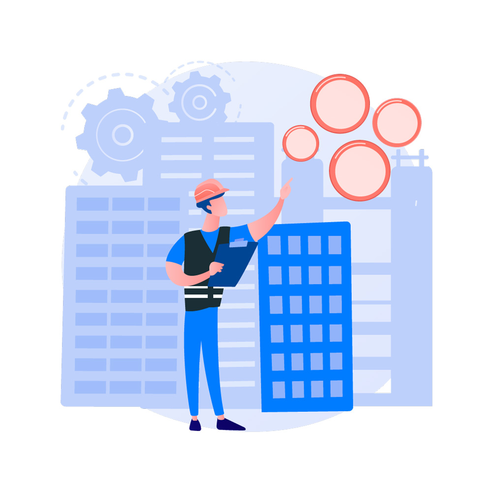 A renovation contractor with 'thought bubbles' above his head, signifying him brainstorming home makeover ideas for his client